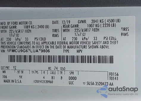 2020 Ford Escape Se z USA, uszkodzony, nr VIN 1FMCU9G67LUA79806